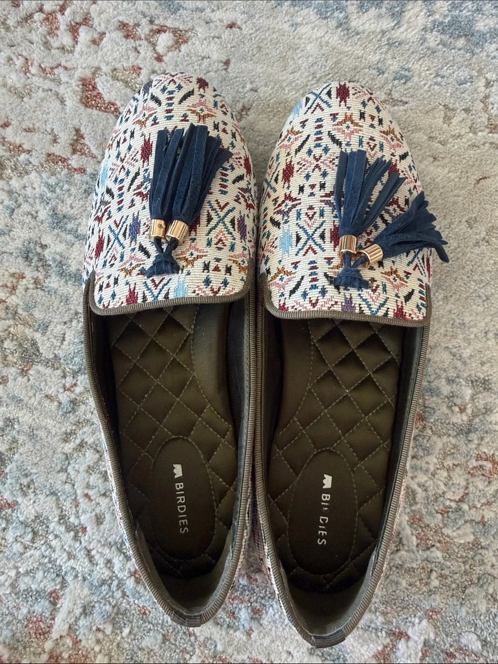 Birdies Navy Tassel Patterned Loafers with Cream Base